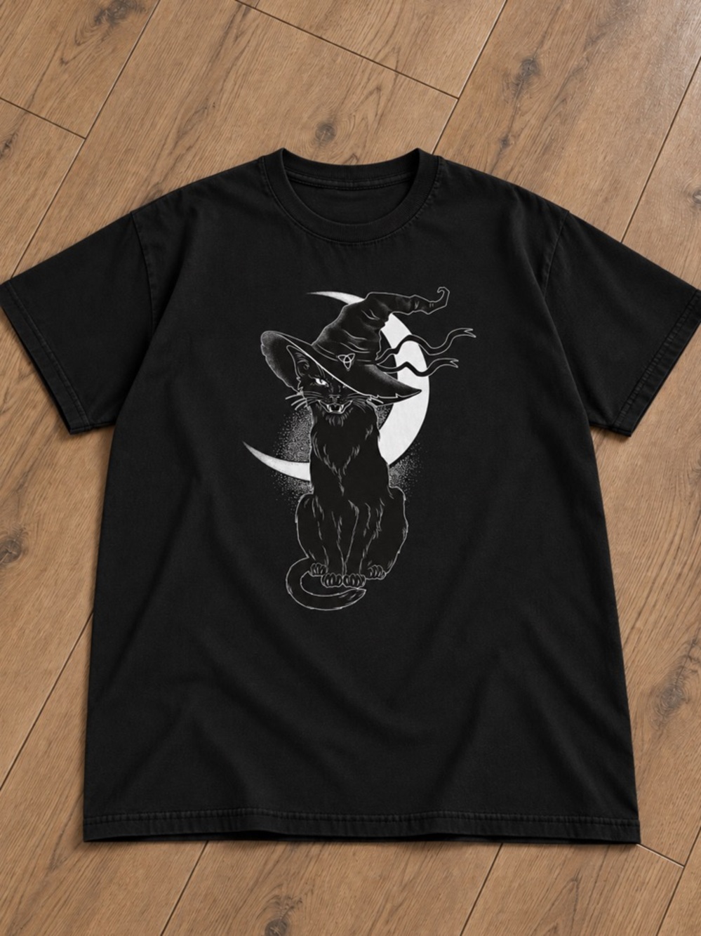 Witch Cat and Moon Halloween Graphic Black Crewneck Tee